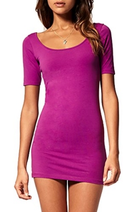 Sommer Damen Kleid Kurzarm Longtop Long Shirt Bodycon Stretch Short Minikleid S/M (Violet) - 1