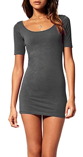 Sommer Damen Kleid Kurzarm Longtop Long Shirt Bodycon Stretch Short Minikleid S/M (Graphite) -
