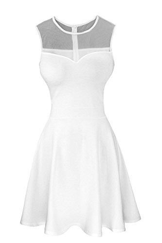 Suimiki Damen ärmellos Rundausschnitt falten A-linie Partykleid mini Cocktailkleid kurz Festliche Kleid (S, Weiß) -