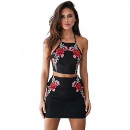 Vovotrade ✿✿ 1SetWomen Sexy Appliques Rose Print Sleeveless Strap Camisole Shirt+Skirt Item specifics (Size:S, Schwarz) -