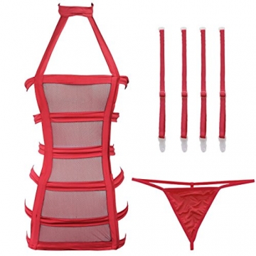 YiZYiF Sexy Durchsichtig Minikleid Babydoll Dessous Set Damen Kleid Reizvolle Wäsche + G-string Rot Einheitsgröße (Brust 78-120cm) - 2