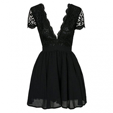 YJ-WAN Damen Kleid minikleid Tief V Kurzarm Spitze Mini Kleid Abendkleid Clubwear Dress (L) - 