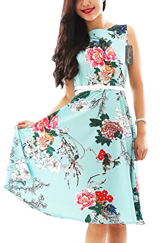 YMING Damen Partykleider Blumenkdruck Cocktailkleid Petticoat Kleid Hochzeitgast Brautjunferkleid,Grün,Blumen,XL/DE 42-44 - 1