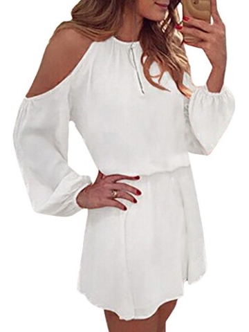 YOINS Sommerkleid Damen Kurz Schulterfrei Kleid Elegante Kleider für Damen Strandmode Langarm Neckholder A Linie Weiß-1 EU44(Kleiner als Reguläre Größe) - 1