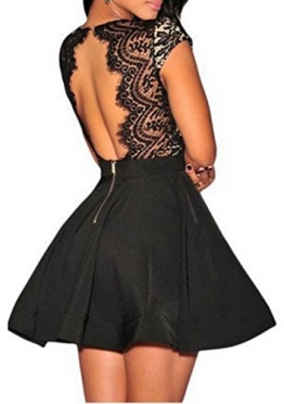 Zeagoo Damen Sexy V-Ausschnitt Spitzenkleid Floral Rückenfrei Cocktailkleid Partykleid Skaterkleid (EU 42/ XL, Schwarz-1) -