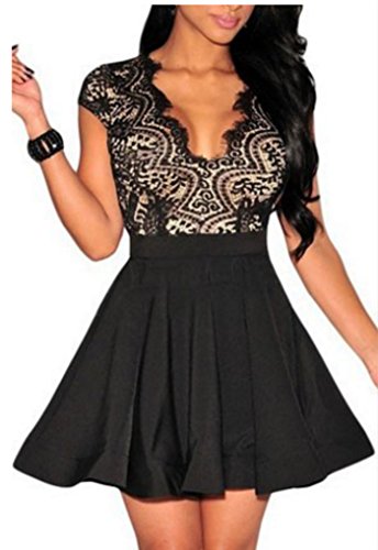 Zeagoo Damen Sexy V-Ausschnitt Spitzenkleid Floral Rückenfrei Cocktailkleid Partykleid Skaterkleid (EU 38/ M, Schwarz-1) - 