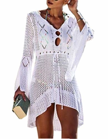 ZIYYOOHY Elegant Crochet Stricken Bikini Cover Up Boho Strandponcho Strandkleid (One Size, Weiß) - 1